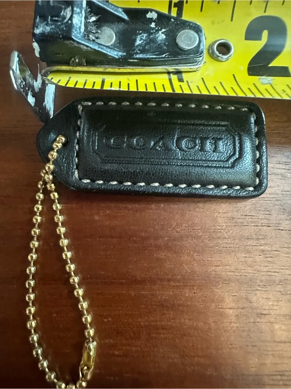 Coach Black Leather Key Tag with Gold Ball Chain
